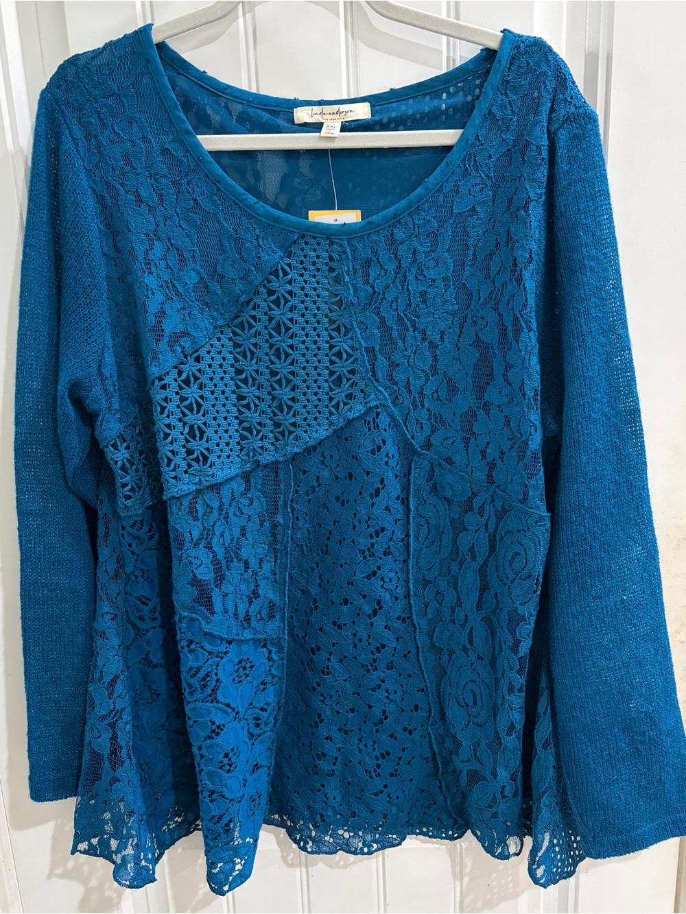 Lace Panel Long Sleeve Top - Teal Blue XXL NWT Boutique top by Linda Anderson